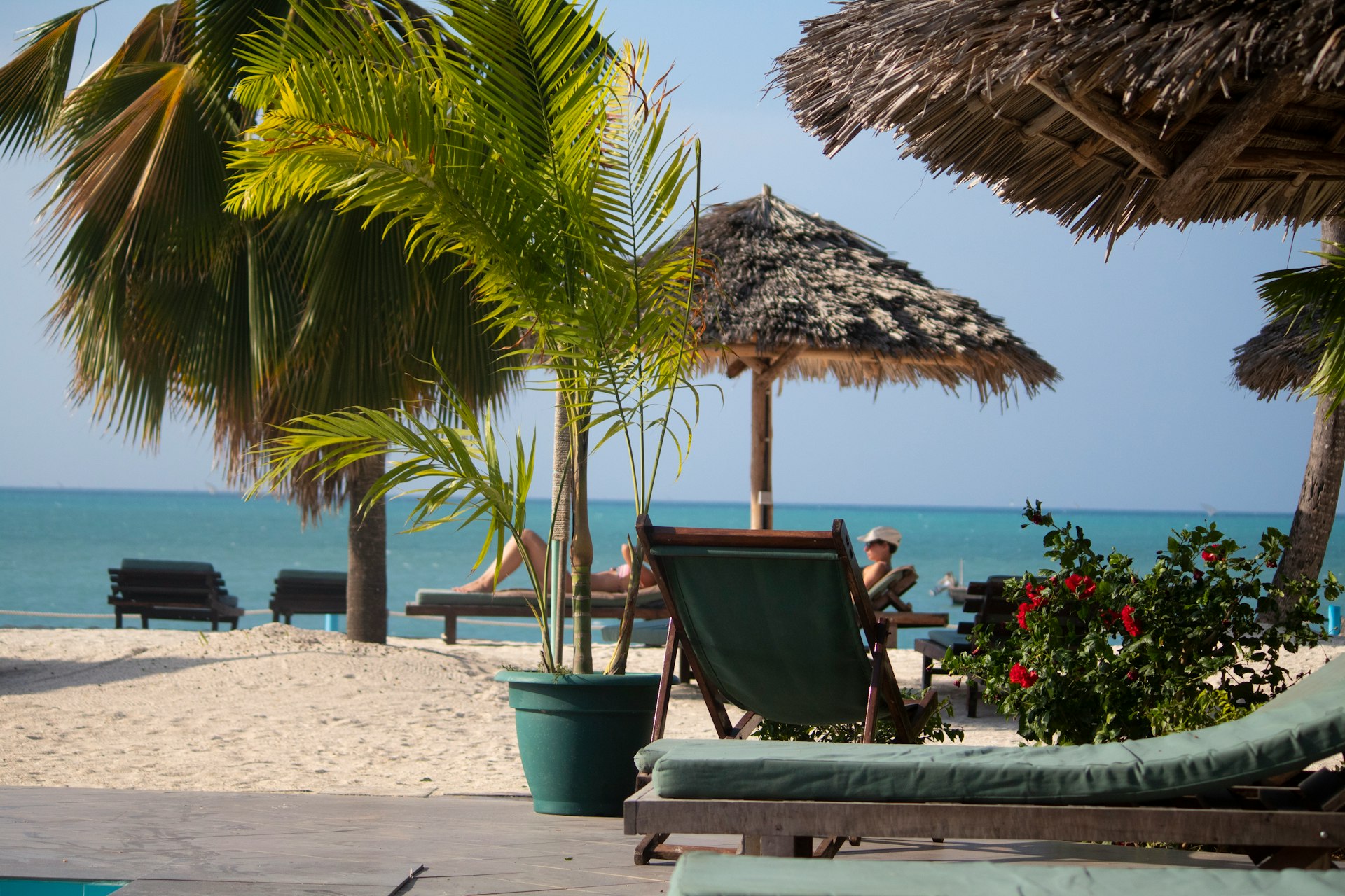 a couple of lawn chairs sitting on top of a sandy beach
